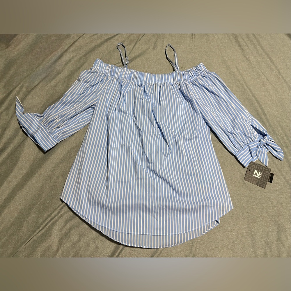 NWT iZ Byer Blue & White X- large Striped Off-Shoulder Spaghetti Strap Blouse